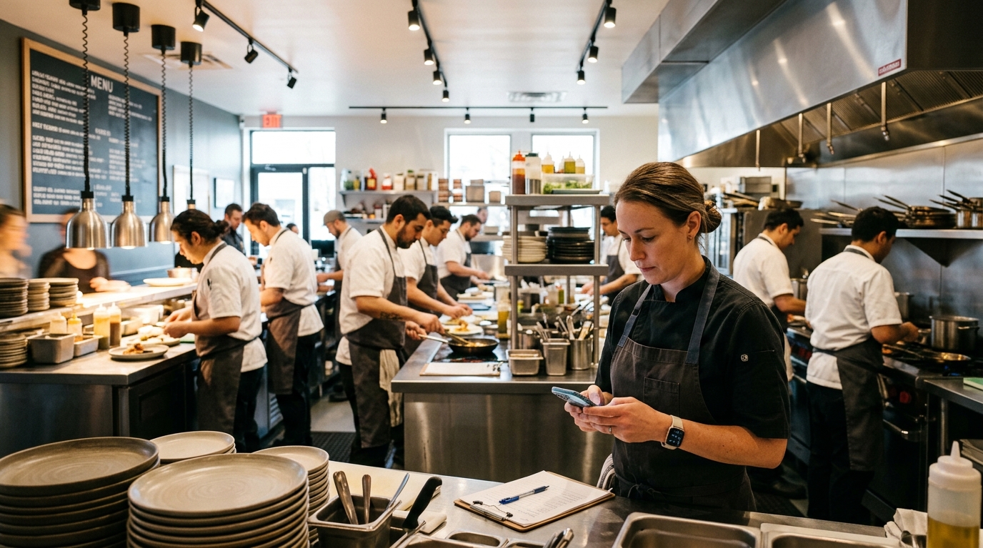 Restaurant kitchen team operating with GRAT SMS AI